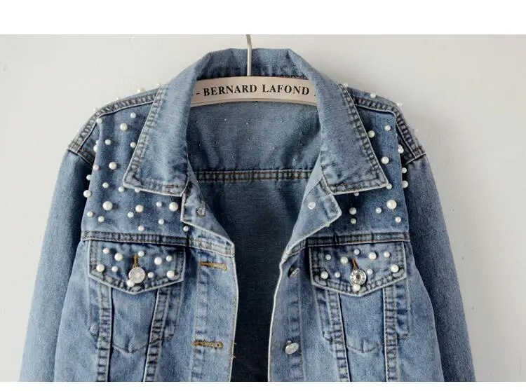 2019 الربيع النساء ضوء الأزرق اللؤلؤ الديكور سليم الدينيم الستر الكورية أزياء الشارع الشهير اللؤلؤ الجينز معطف الربيع الزي