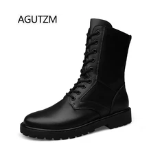 AGUTZM L5858 черный модные высокие на шнуровке из натуральной кожи нескользящая резиновая подошва Для мужчин; армейские ботинки с плюшем размеры: 35-52