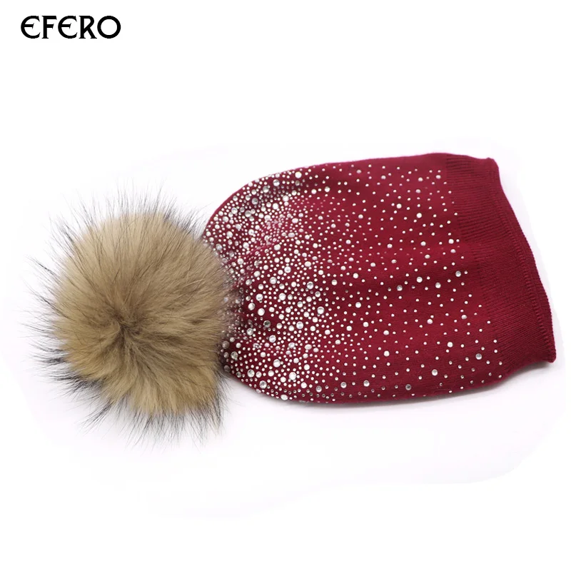 Efero 1 шт. зимние шапки для женщин Skullies Beanies Дамская вязаная шапка для девочек блестящая теплая шапка со стразами мягкая помпон Poms Gorras