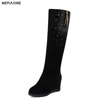 

NEMAONE New Sexy Women's Hidden Wedges Knee high Boots Brand High Heels Platform Boots Slip on Winter Boots Shoes Woman Boots