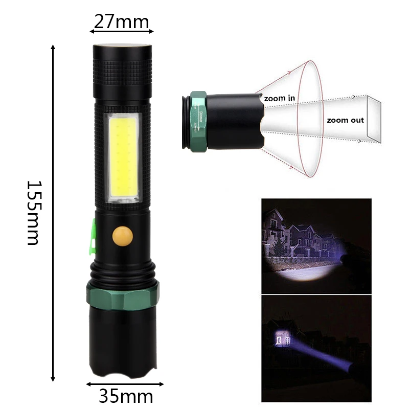 4 режима Zoom T6 COB светодиодный фонарик USB Перезаряжаемый Фонарик Магнитная