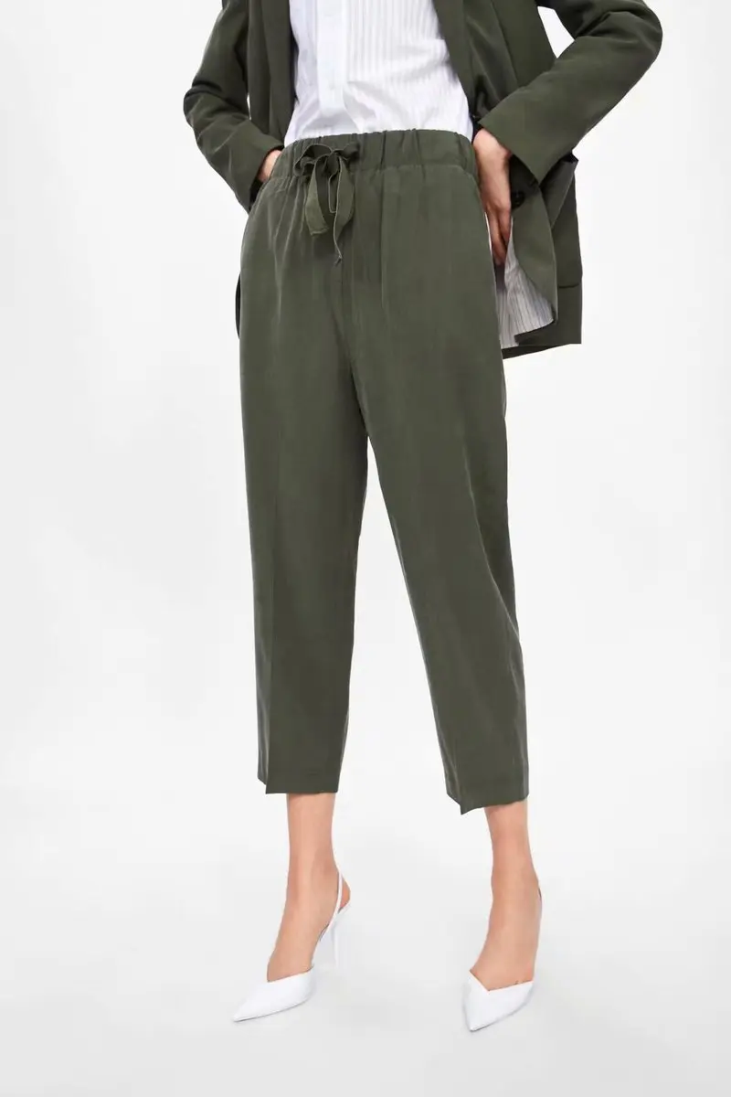 

HXJJP 2019 Spring and Summer New European Station Bow Knot Style Nightie Trumpet Trousers Female Army Green Straight Pants