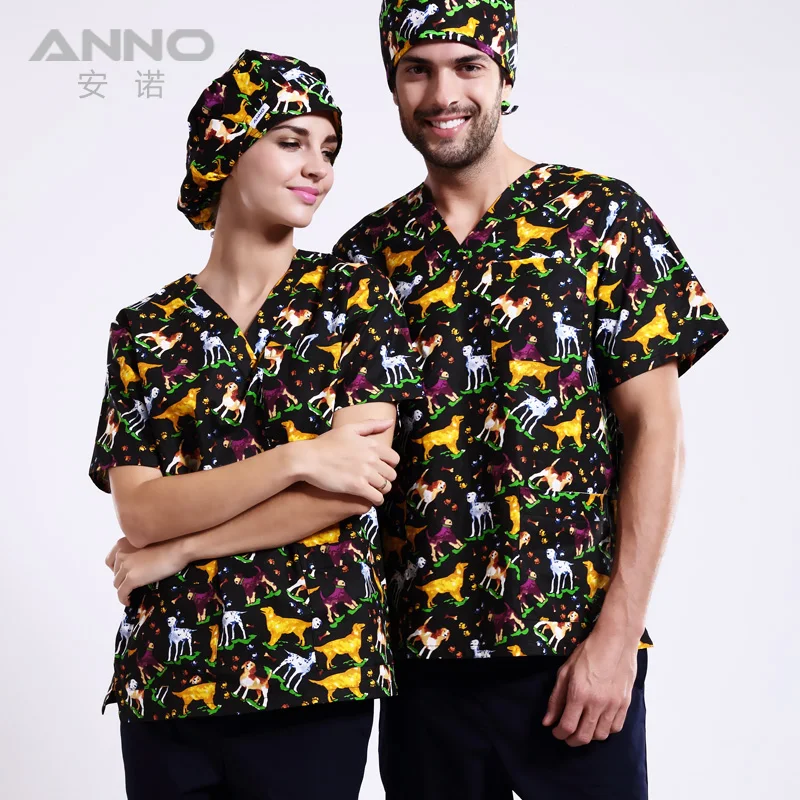 

Plus Size Women Men's V Neck Nurse Uniform Hospital Medical Scrub Set Clothes Short Sleeve Pet Dog Printing +1pcs Surgical Cap