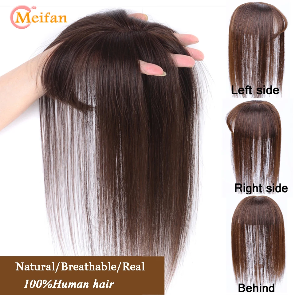 MEIFAN Human Hair Top Hair Pieces with Bangs Hand made Half Head Wig