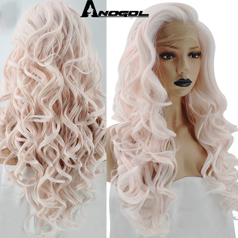 

Anogol Widow Peak High Temperature Fiber Light Pink Free Part Perucas Long Natural Body Wave Synthetic Lace Front Wig For Women
