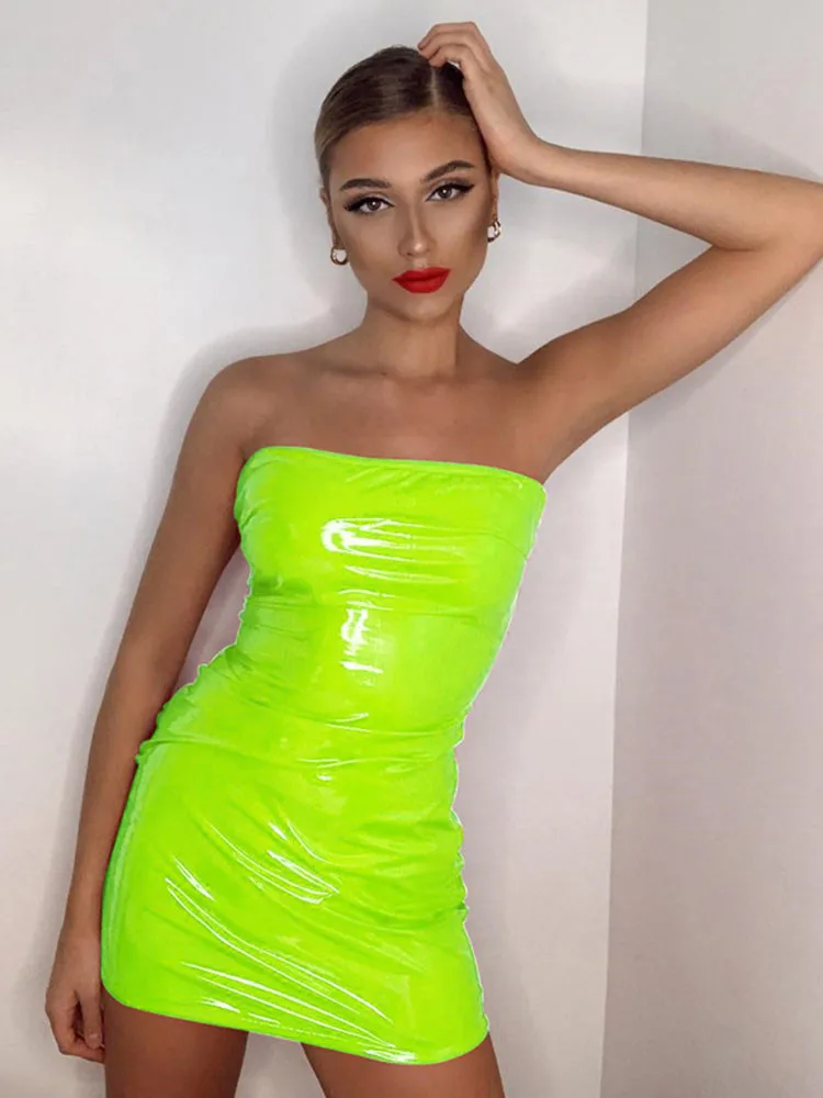 

Ahagaga 2019 Summer Women Fashion Slim Bodycon Party Club Sexy Dress Neon Green Red Strapless High Waist Mini Women Dresses