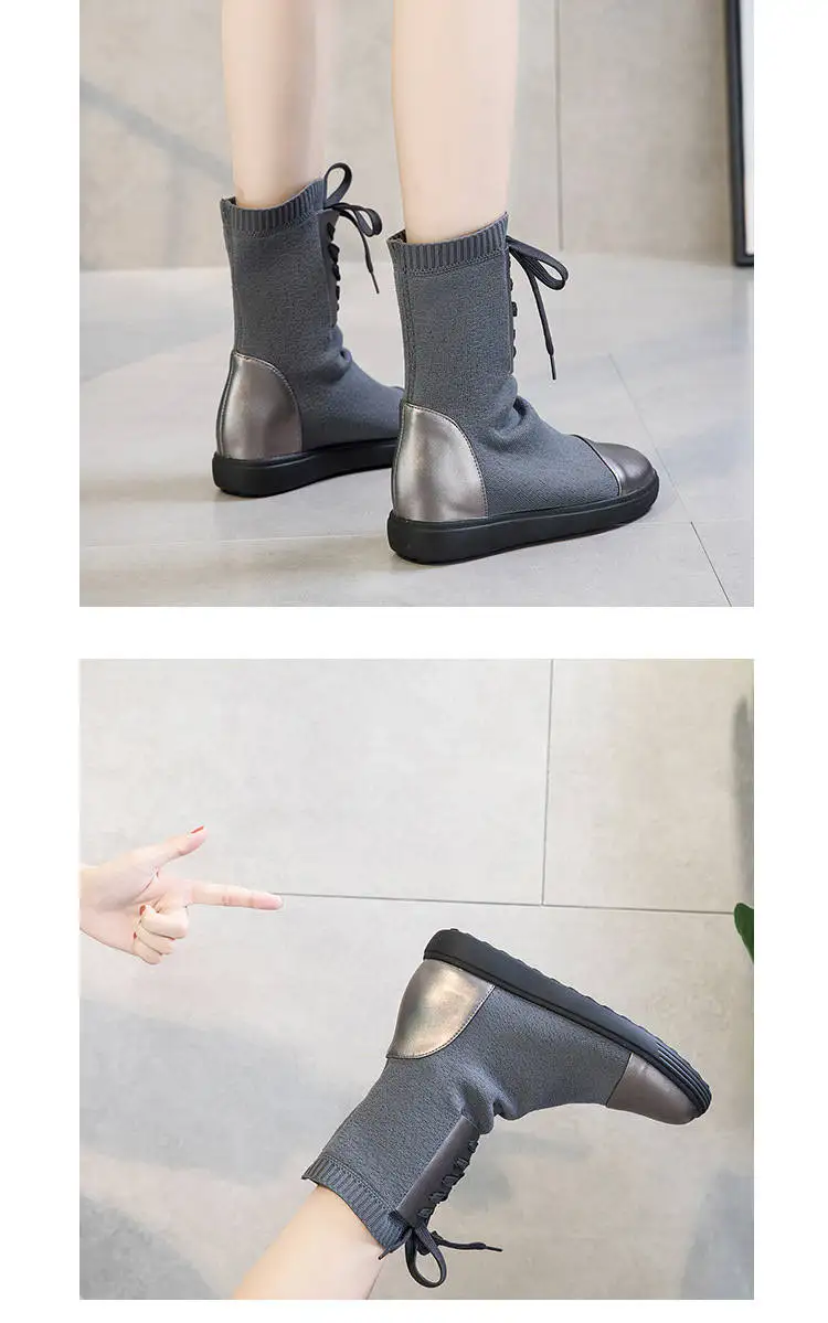 2018 Autumn And Winter Boots Women's Leather Increased Thick Bottom Elastic Boots Med-HeelFashion Winter Ankle Boots WomenM8D156 (13)