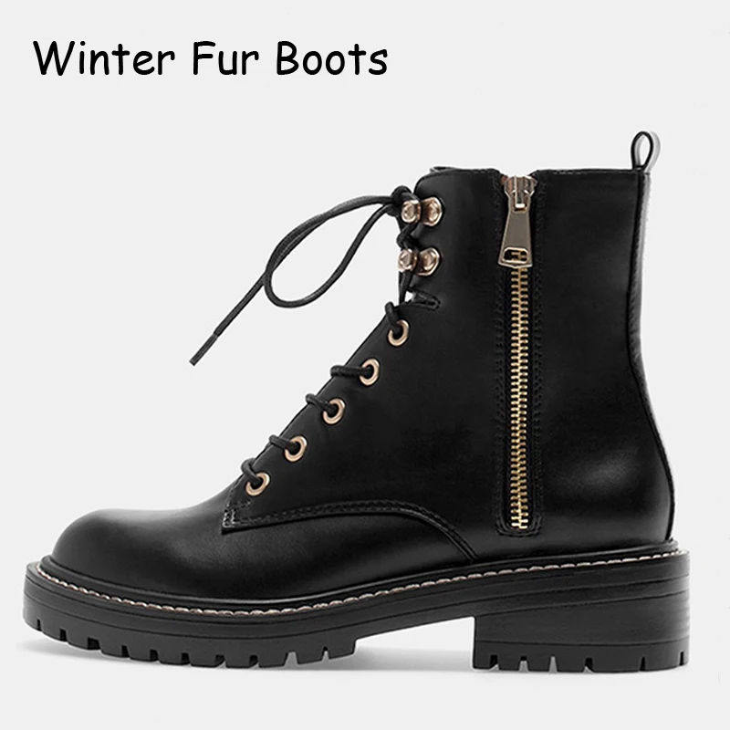 Baimier/зимние женские ботинки из натуральной кожи ботильоны для женщин со шнуровкой на среднем каблуке женские ботинки на платформе с круглым носком и теплым плюшем - Цвет: Fur Black Boots