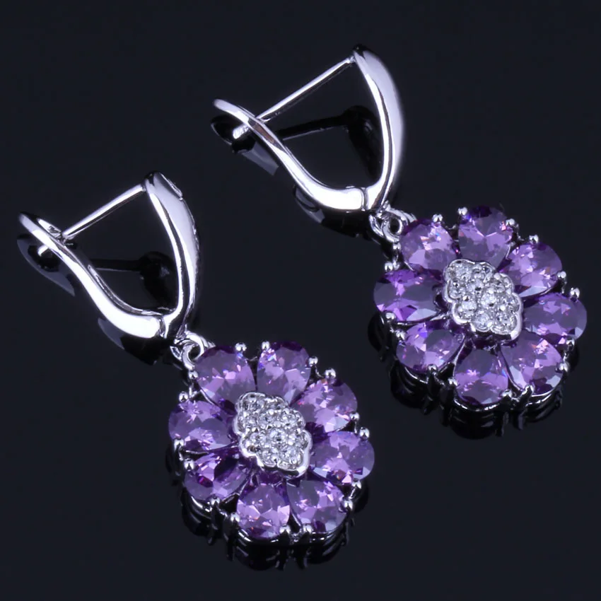 

Sparkly Oval Purple Cubic Zirconia White CZ Silver Plated Drop Dangle Earrings V0763