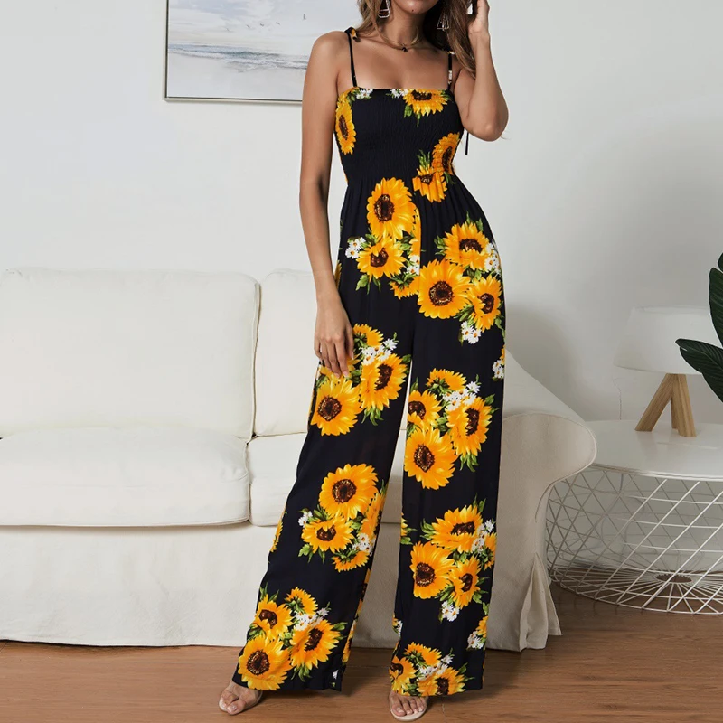 

2019 Women Casual Holiday Beach Loose Wide Leg Long Playsuit Summer Femme Boho Floral Sunflower Strappy Rompers Lady Jumpsuit
