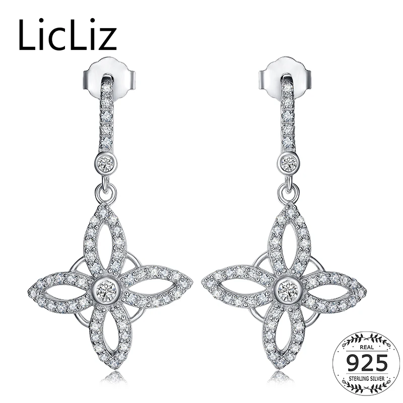 

LicLiz 925 Sterling Silver Dangle Earrings for Women Zircon Hollow Flower Drop Earrings Party Luxury Ear Hanging Bijoux LE0283