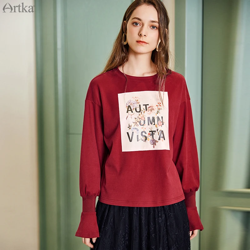 

ARTKA 2019 Autumn New Women Sweatshirt O-Neck Pullover Casual Sweatshirts Fashion Letter Print Flare Sleeve Sweatshirt VA15082Q