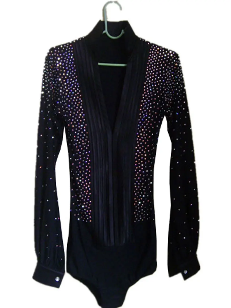 pink black V neck Men ballroom Latin body shirt rhinestone long sleeve rhinestone in whole shirt