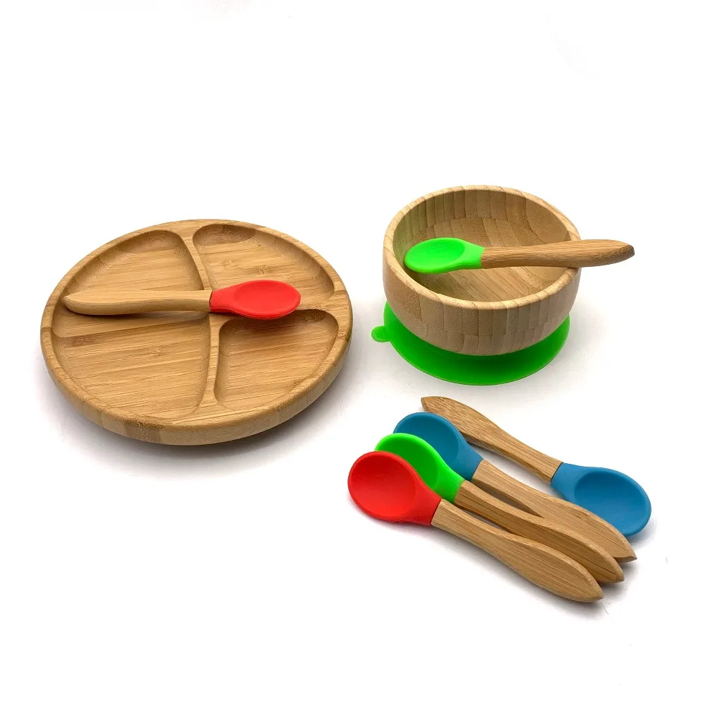 

6 colors Feeding Bamboo Silicone Baby Training Spoons with Plate and Bowl Bamboo Silicone Suction Cup Baby Plate Free shipping