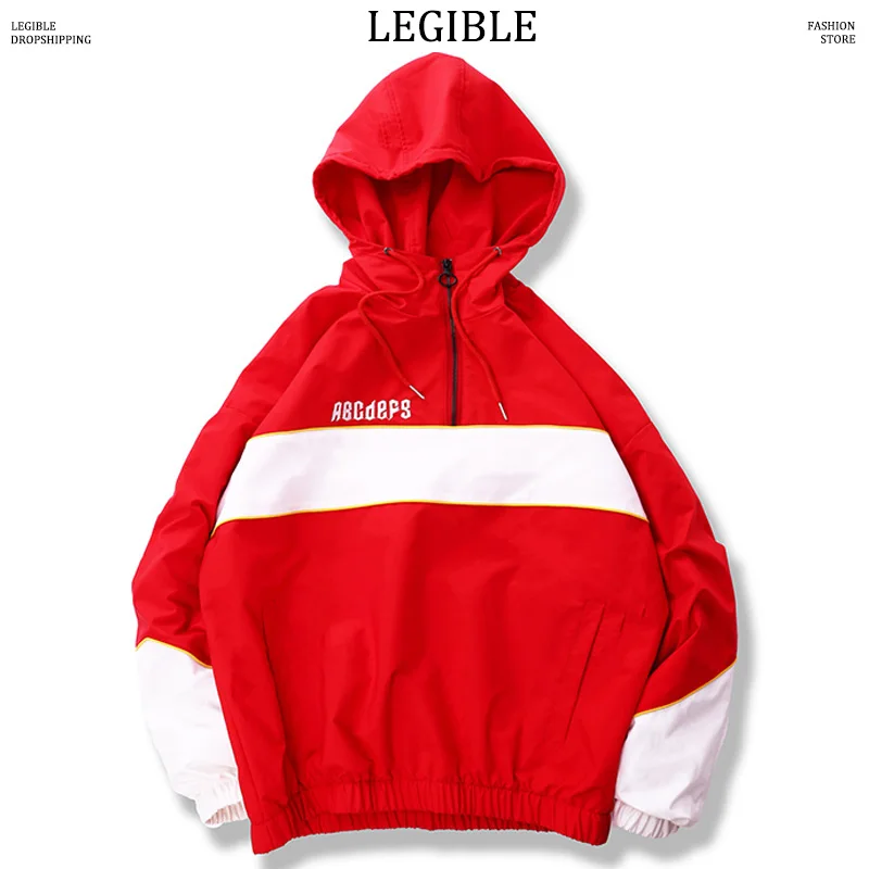 

LEGIBLE Hip Hop Patchwork Jacket Men Casual Loose Letter Printed Mens Jackets and Coats Harajuku Hooded Windbreaker Mens Jacket