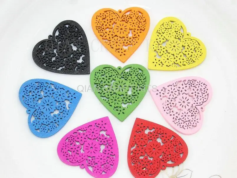 

200pcs large lovely filigree heart wooden wood pendants drops mixed color charms for DIY necklace 44mm mix assortment