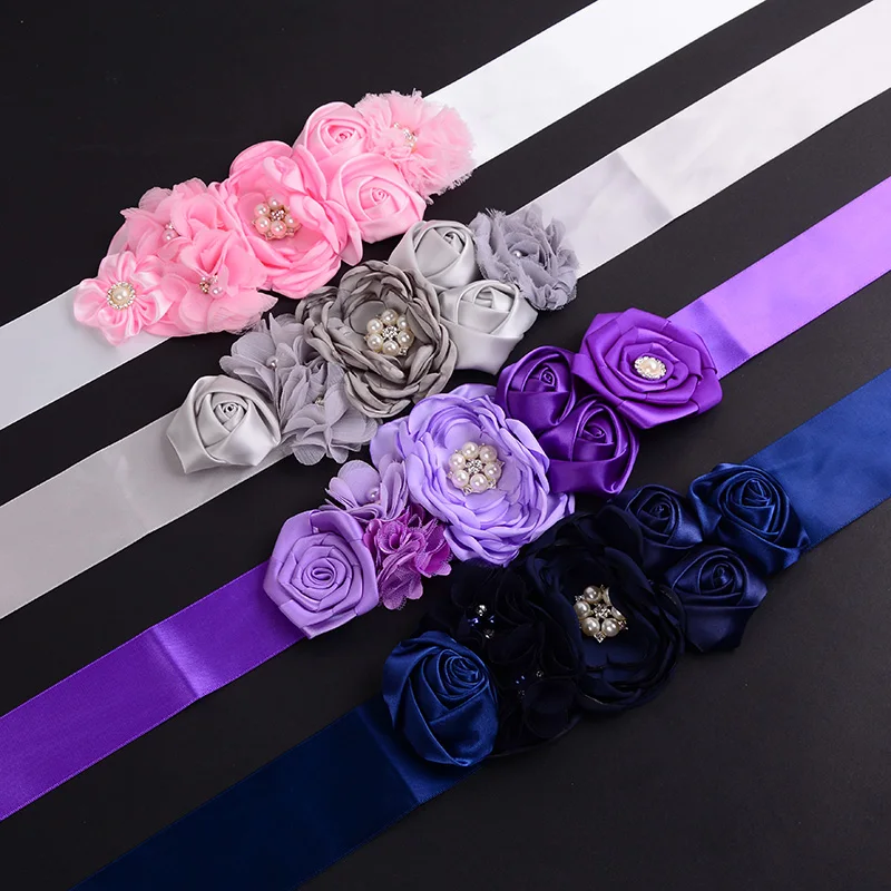 Purple, Gray, Navy Blue, Pink Flower Belt Satin Ribbons Rhinestone Kids Belts Girls Wedding Flower Girl Belt Sashes for Dresses