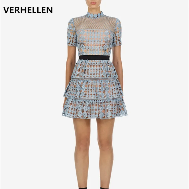 

VERHELLEN Self Portrait Women Lace Party Dress 2019 Summer Short Sleeve Stand Collar Hollow Out Flower Embroidery Vintage Dress