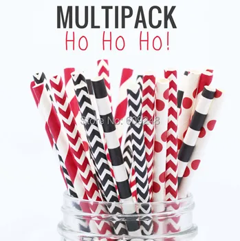 

125pcs Mixed Colors Ho Ho Ho Themed Santa Pretty Paper Straws,Black and Red Striped, Polka Dot, Chevron, Sailor Stripe