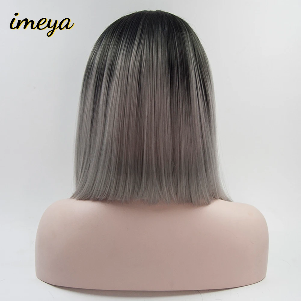 Imeya Short Bob Wig Ombre Grey Hair Color With Black Roots
