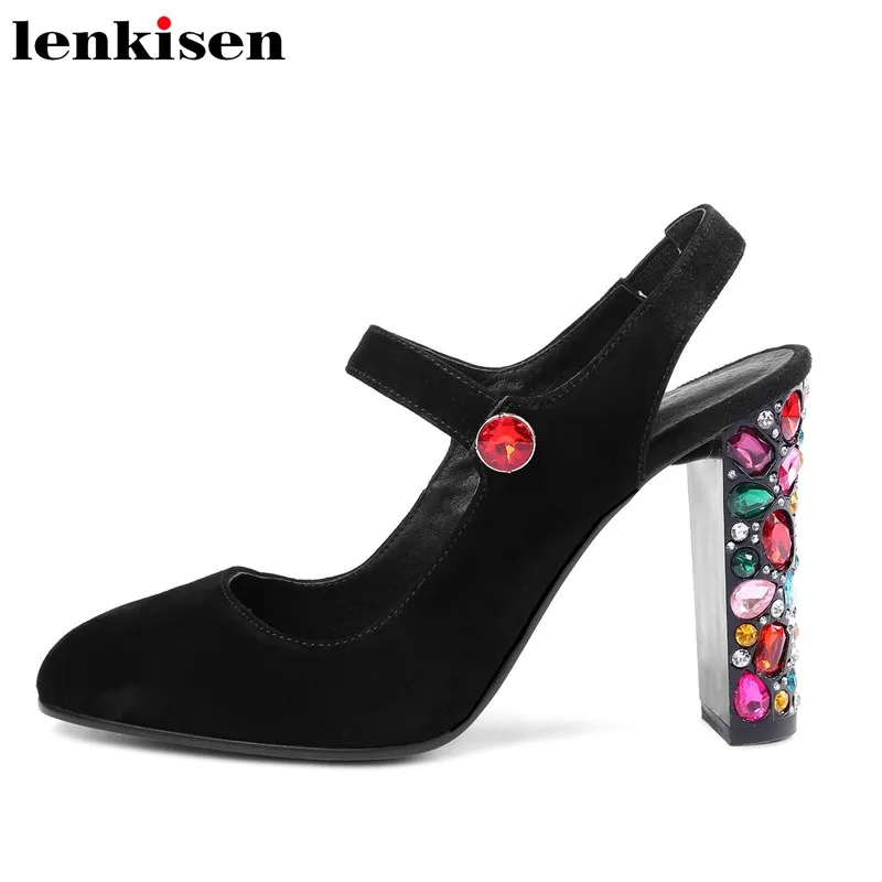

Lenkisen 2018 pop slingback pointed toe elastic band shining crystals high heels wedding party runway women sandals shoes L78