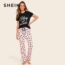 SHEIN Топ С Текстовым Принтом И Брюки С Поясом Пижама Женские Весенние Многоцветные Повседневные Комплекты Пижамы