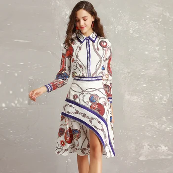 

High quality designer Suit sets Women's long sleeve printed shirt+High Street Fashion Asymmetrical Skirt Casual Slim 2 Piece Set