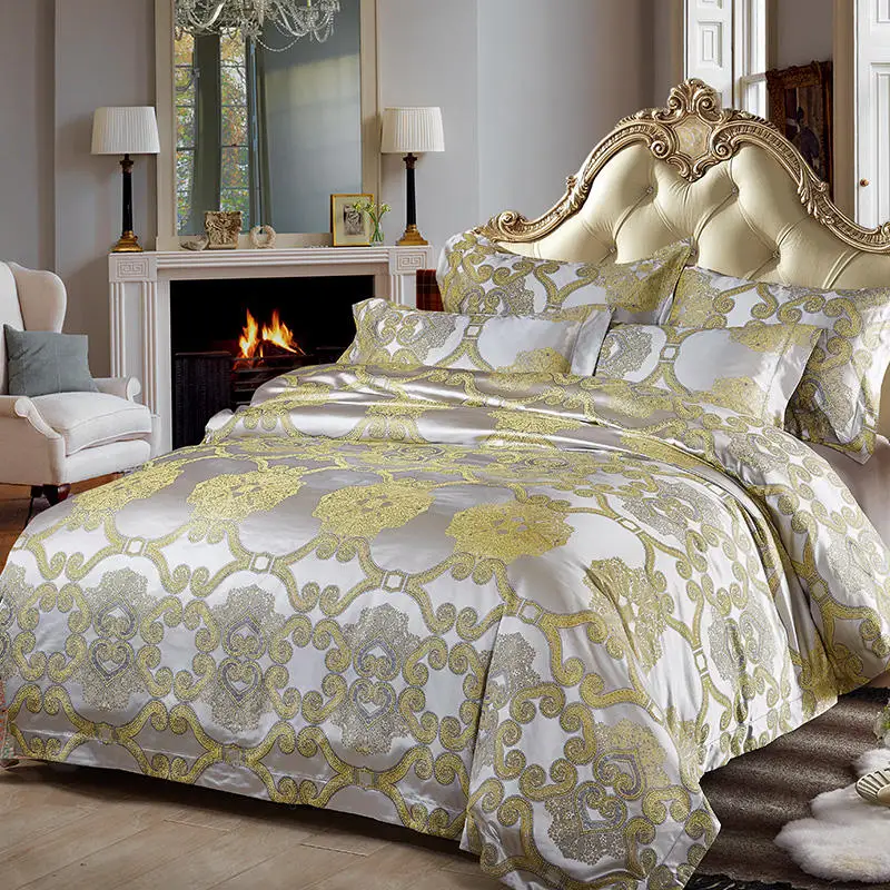 

golden luxury silk bed linen jacquard bedding set queen size palace pillow cases king flat sheet duvet cover adult home textile