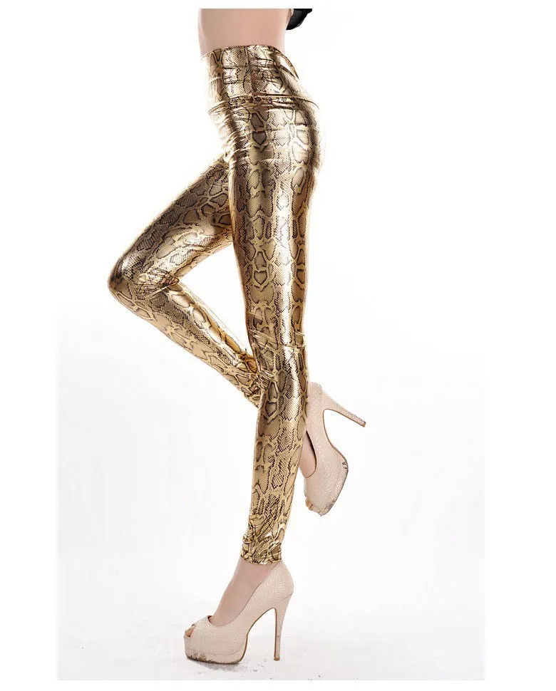 adidas leggings Lady fashion slim leggings High Waist Skinny legging women black gold snake printed pant small size faux leather pants fishnet leggings