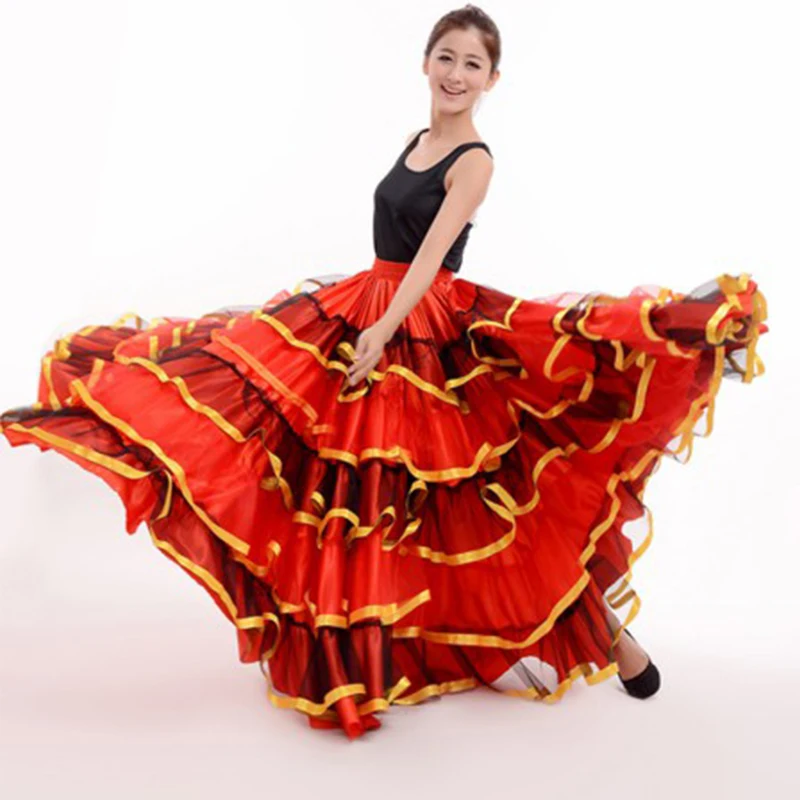

Womens Ballroom Spanish Flamenco Dance Skirt Dancer Fancy Dress Costume Red Belly Dancing Skirts 360/540/720 Degree DL2878