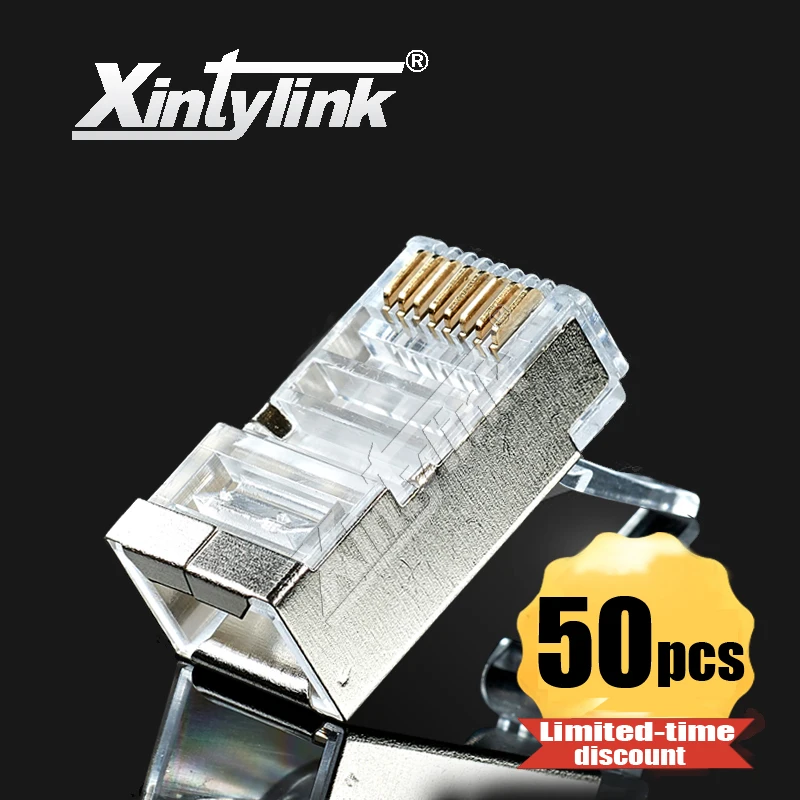 xintylink rj45 connector ethernet cable plug cat6 shielded male network stp 8p8c 8pin gold plated terminals high quality 50pcs xintylink 50pcs rj45 connector rj45 plug cat6 network connector gold plated utp male 8p8c unshielded ethernet connector load bar