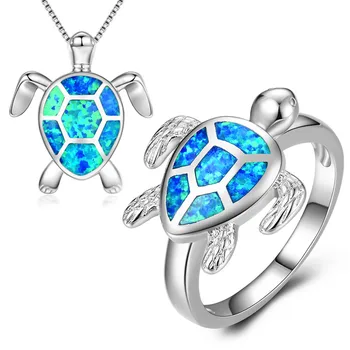 

JUNXIN Cute Animal Turtle Ring And Necklace Jewelry Sets Silver Color Blue Fire Opal Pendant Necklaces For Women