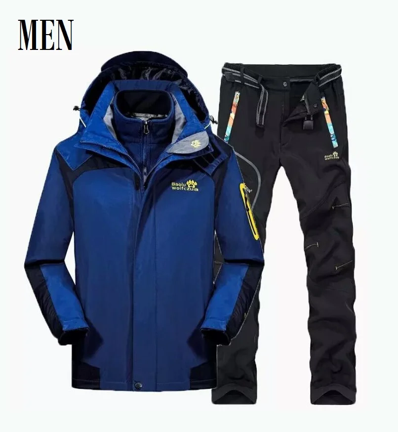Зимний лыжный костюм мужской ветрозащитный водонепроницаемый Сноубординг лыжная куртка и штаны супер теплый флисовый комплект спортивной одежды - Цвет: Синий