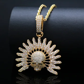 

Micro Paved AAA Cubic Zirconia Bling Iced Out Gold Feather Skull Indian Chief Pendants Necklace For Men Hip Hop Rapper Jewlery