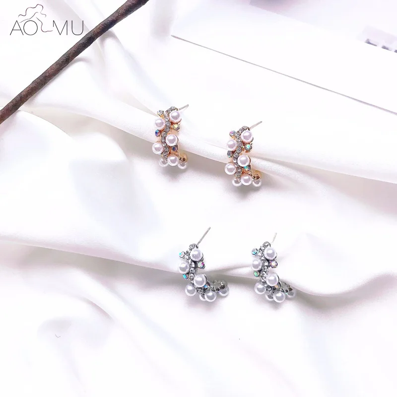 

AOMU Korean Fashion Retro Curved Irregular Colorful Rhinestone Pearl Semicircle Simple Stud Earrings for Women Girls Gifts Beac