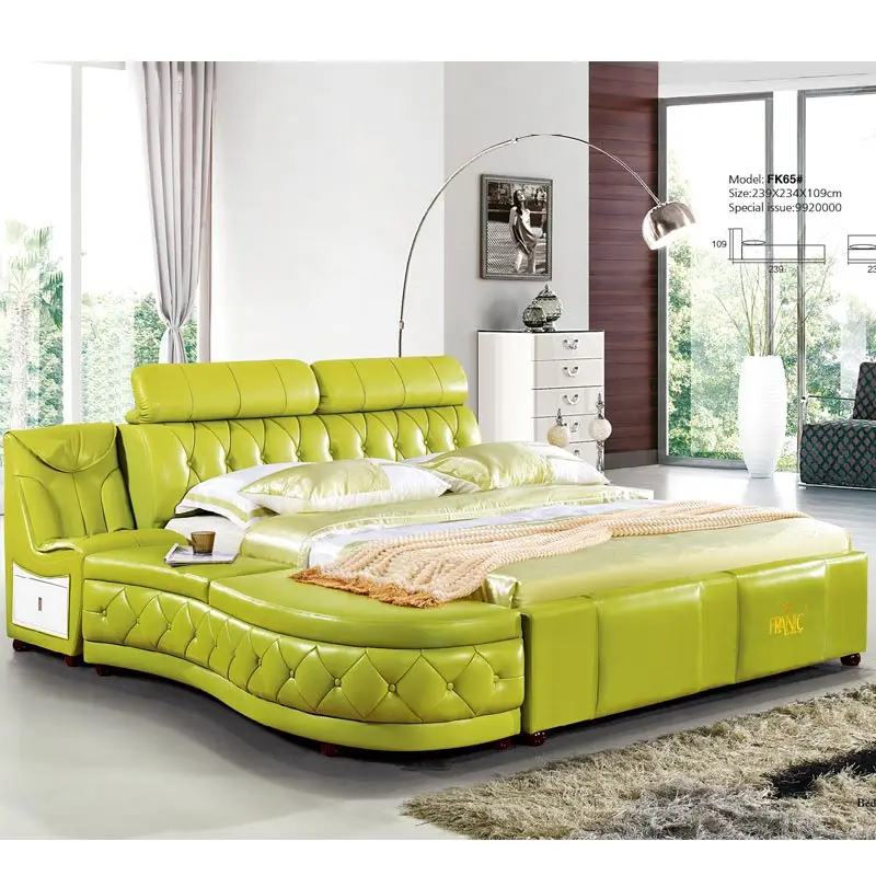 Высокое качество Королевский размер желтый зеленый кожаный каркас кровати многофункциональная кровать