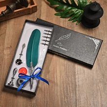 English Calligraphy Vintage Feather Pen Set Writing Pen Stationery Gift Box with 5 Nib Wedding Gift Quill Dip ink Fountain Pen rosewood pen holder with ink fount special for english caligraphy dip pen