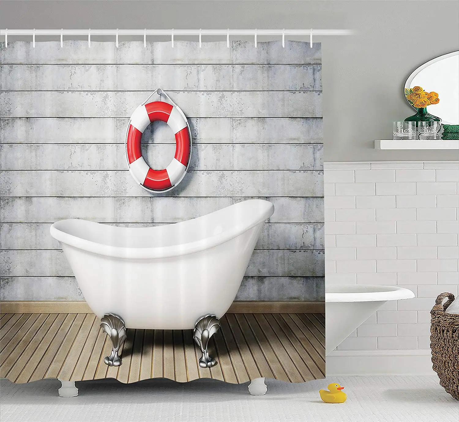 Vintage Decor Shower Curtain Vintage Bathtub in A Room Grunge Wall Classic Floral Foot Resting