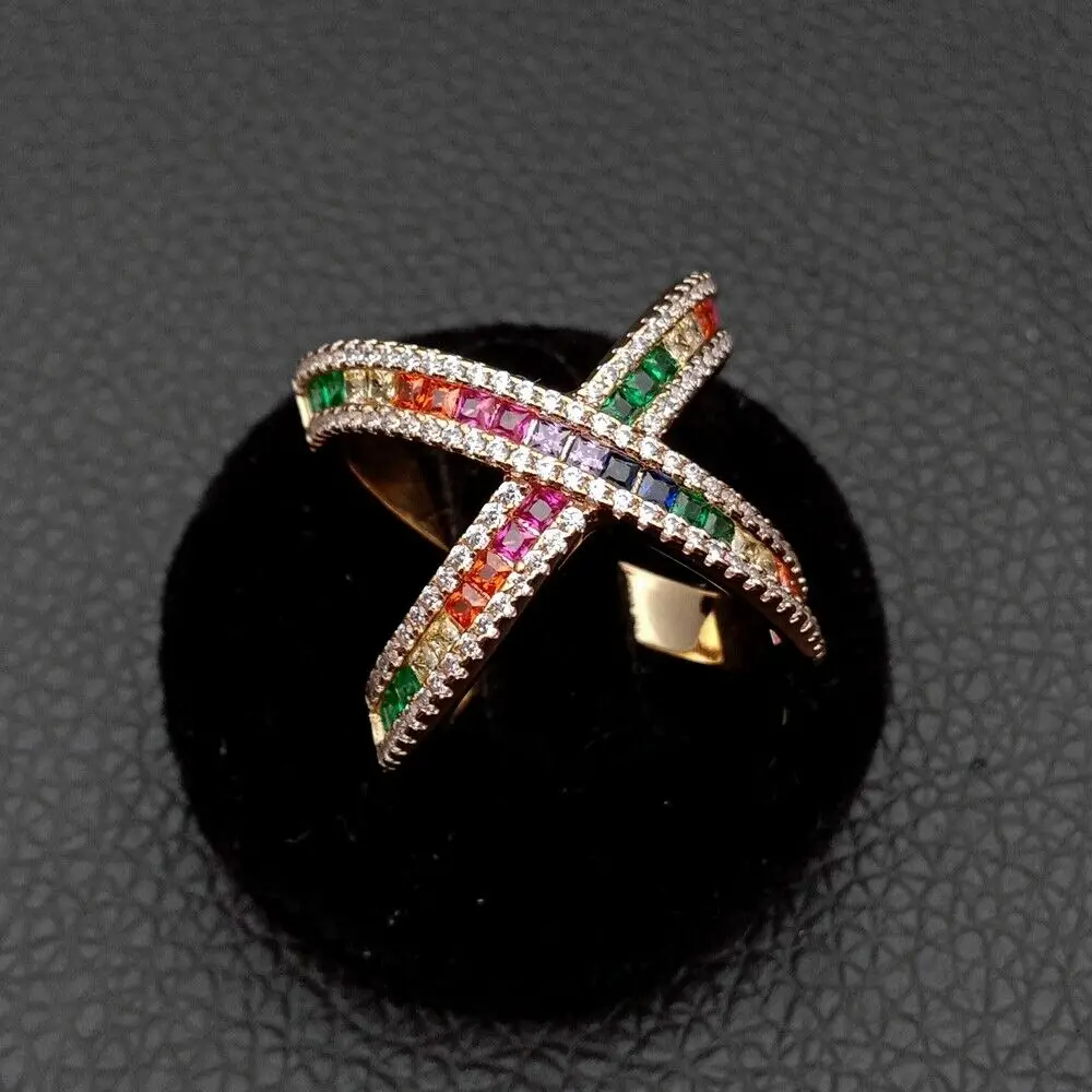 

Criss cross X shape design Golden color cz cubic zirconia ring size 6 7 8 9 rings