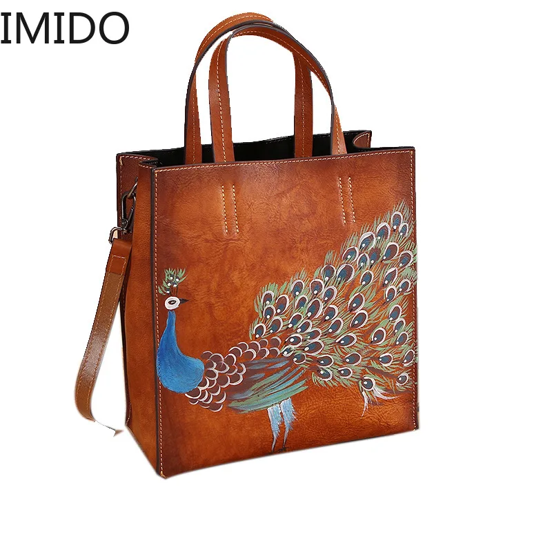 

IMIDO 2019 Retro Genuine Leather Women's Shoulder Tote Hand Drawn Animal Tote Designer Bags Famous Brand Women Fashion Luxury