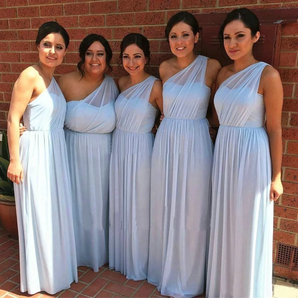 

Mint Blue Chiffon Long Bridesmaid Dresses One Shoulder A Line Pleat Floor Length Cheap Wedding Guest Dress Vestido De Fiesta