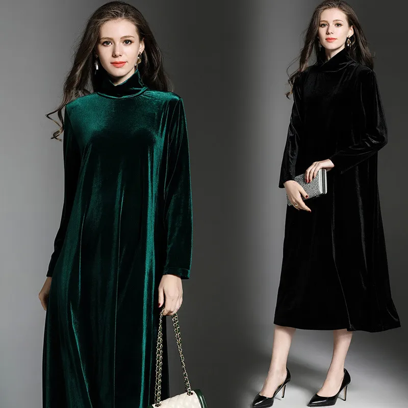 

Plus Size M-7XL Velvet Turtleneck Big Swing Women Dresses Long Sleeve Casual Loose Solid Color Ladies Clothing Vestidos Black