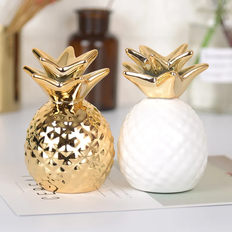 

European Style Golden/White Pineapple Ceramic Ornament Personalized Modeling Gold Coin Piggy Bank Storage Home Office Decor Gift