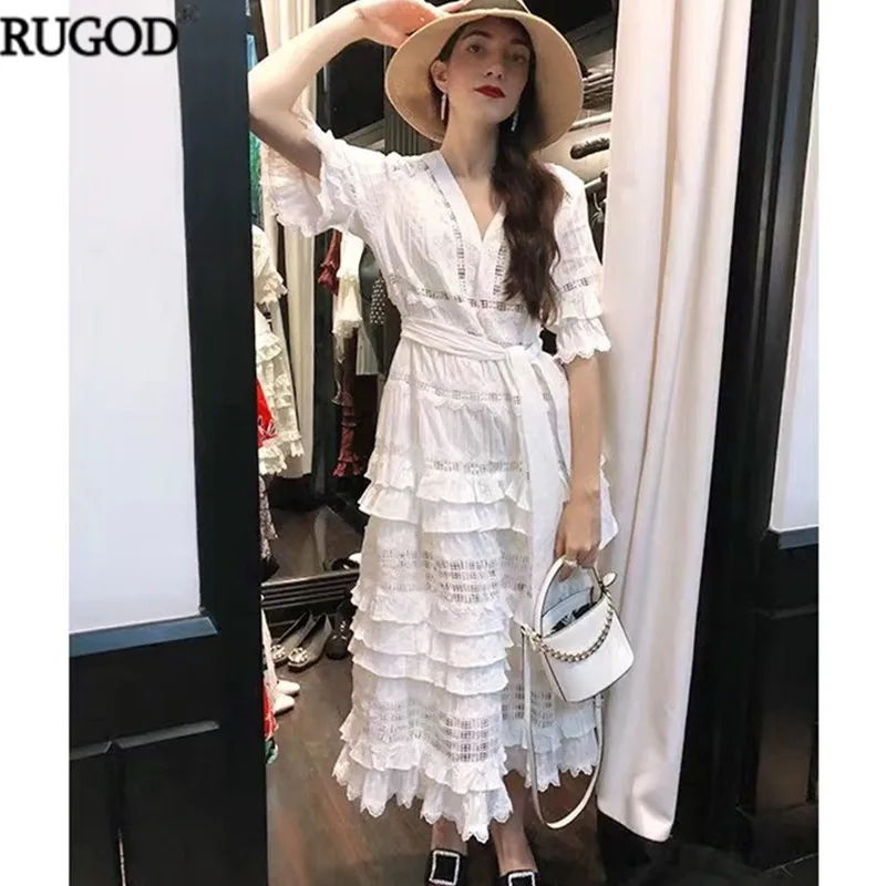 RUGOD 2019 новинка белое кружевное платье женское элегантное сексуальное с вырезом