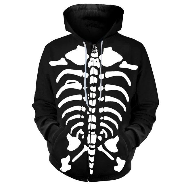 Cloudstyle Men Hoodies Zip Up Coat 3D Print Skulls Rib Cage Streetwear