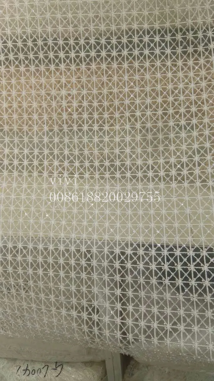 

5yards gh002 offwhite beads grid high quality polyester embroidery french net tulle mesh lace for wedding/evening dress/party.