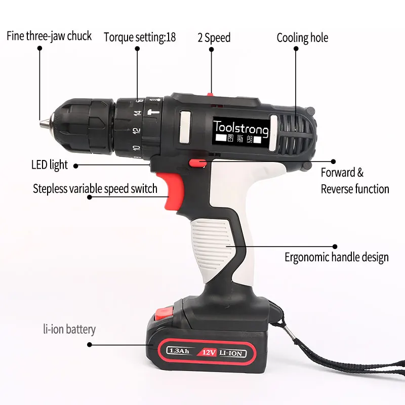 Toolstrong 12V 20N. М DC мобильное Мощность литий-ионный Батарея Аккумуляторная дрель Мощность Ударная дрель мини furadeira TSL-1504B