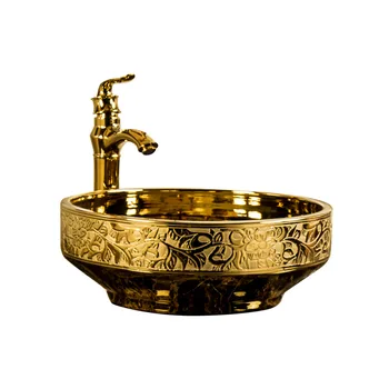 

Gold ceramic antique bathroom luxury basin wash basin with Faucet brass