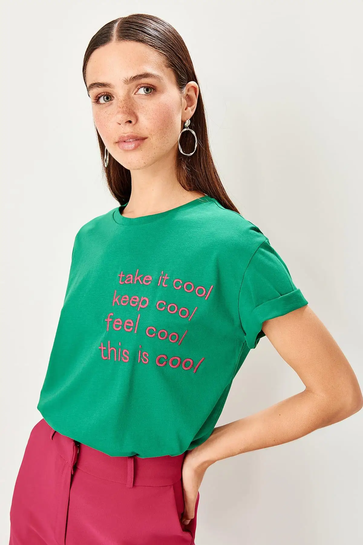 

Trendyol Green Embroidered Basic Knitted T-Shirts TWOSS19TS0101
