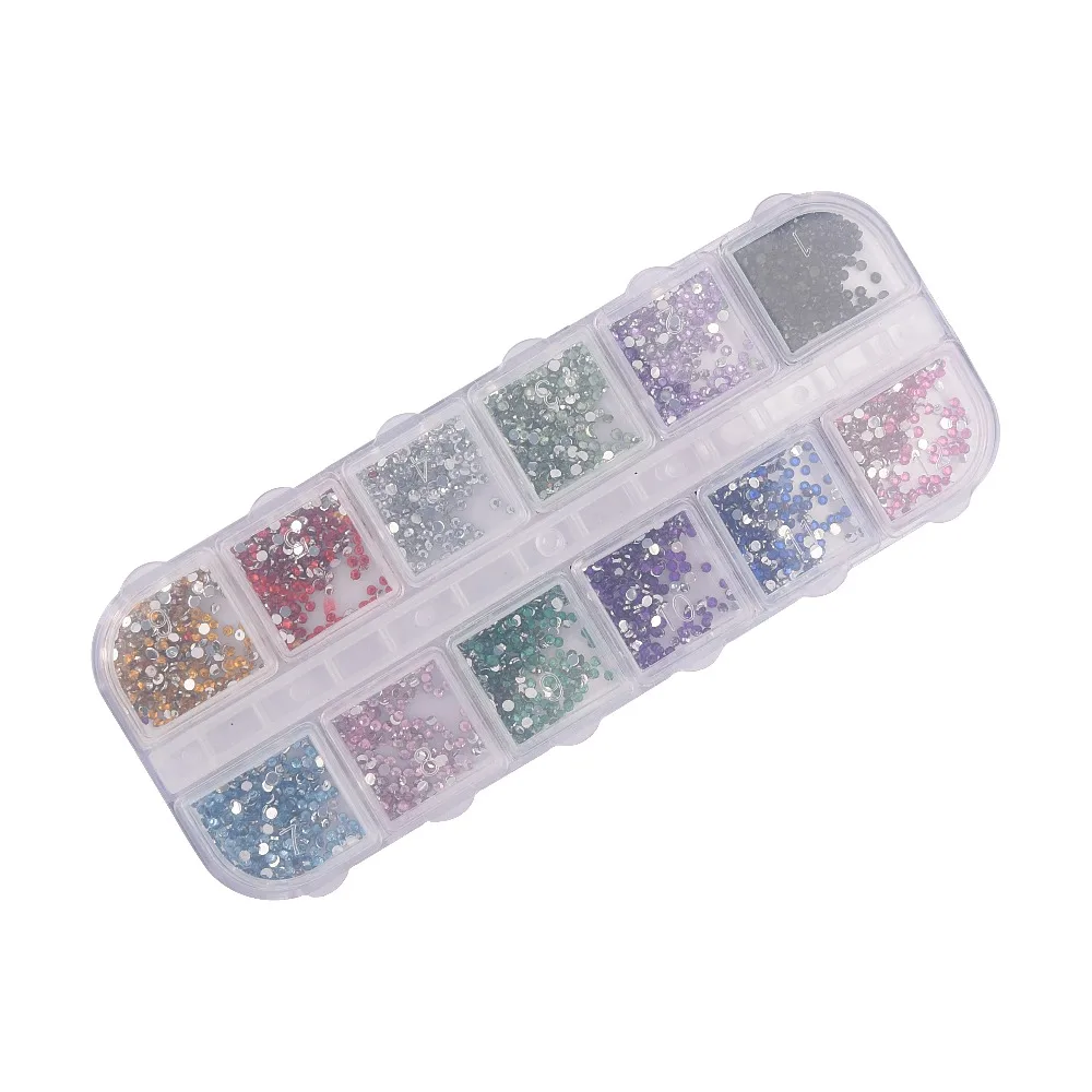 

ROSALIND 2.0mm Round Colorful Glitters Nail Decoration 12 Colors Rhinestones With Hard Box Nail Art Decorations